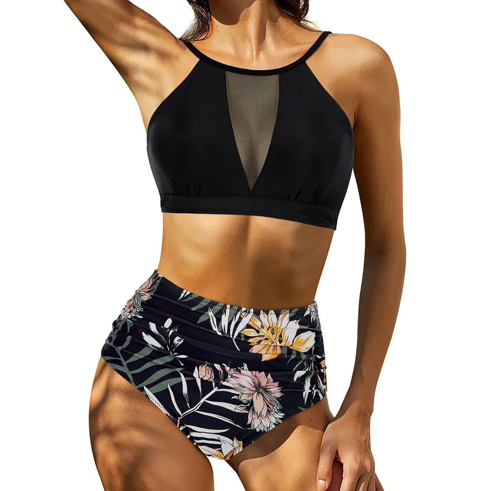 Sexy Mesh Hollow Out Top & High Waist Bikini Women's Swimsuit