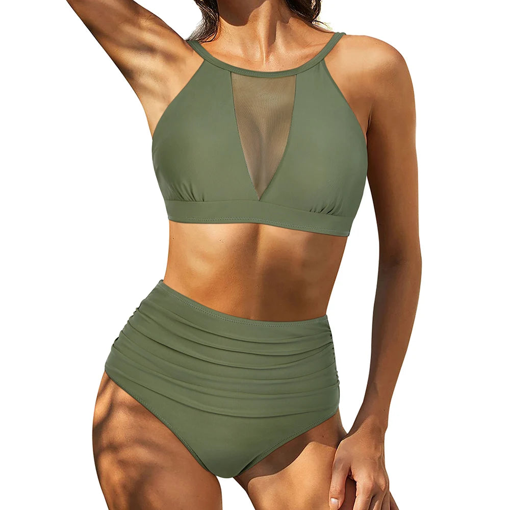 Sexy Mesh Hollow Out Top & High Waist Bikini Women's Swimsuit