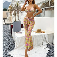 Sexy 3 Pcs Yellow Floral Print Women's Bikini & Cover Up Pants Set