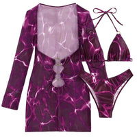 Sexy Print Hollow Out Women's 3 Pcs Cover Dress & Bikini Set