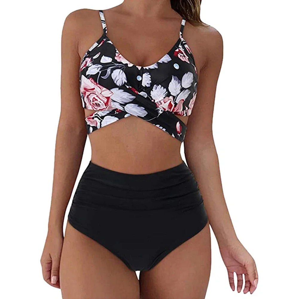 Sexy Criss Cross Top & High Waisted Women's Bikini Swimsuit