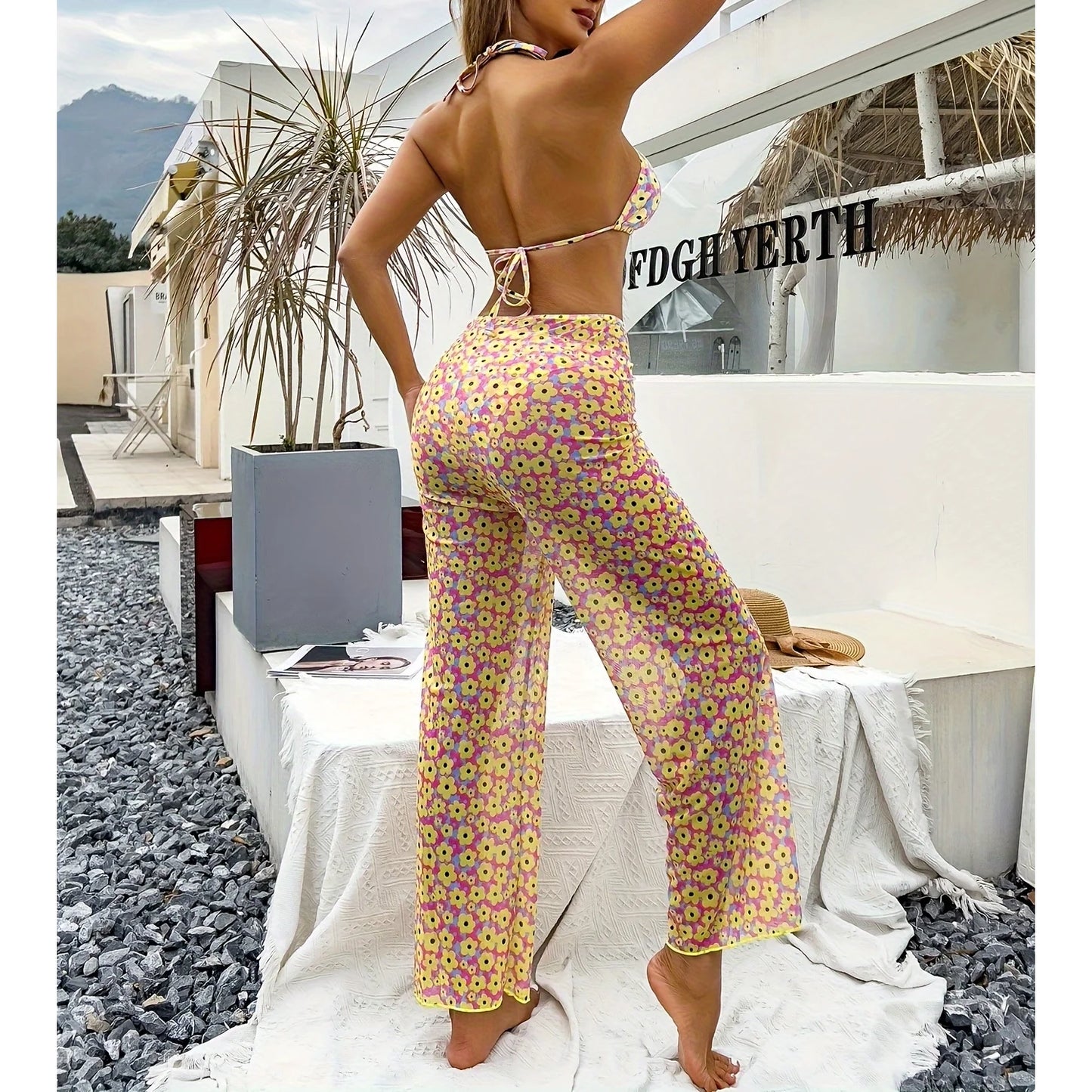 Sexy 3 Pcs Yellow Floral Print Women's Bikini & Cover Up Pants Set
