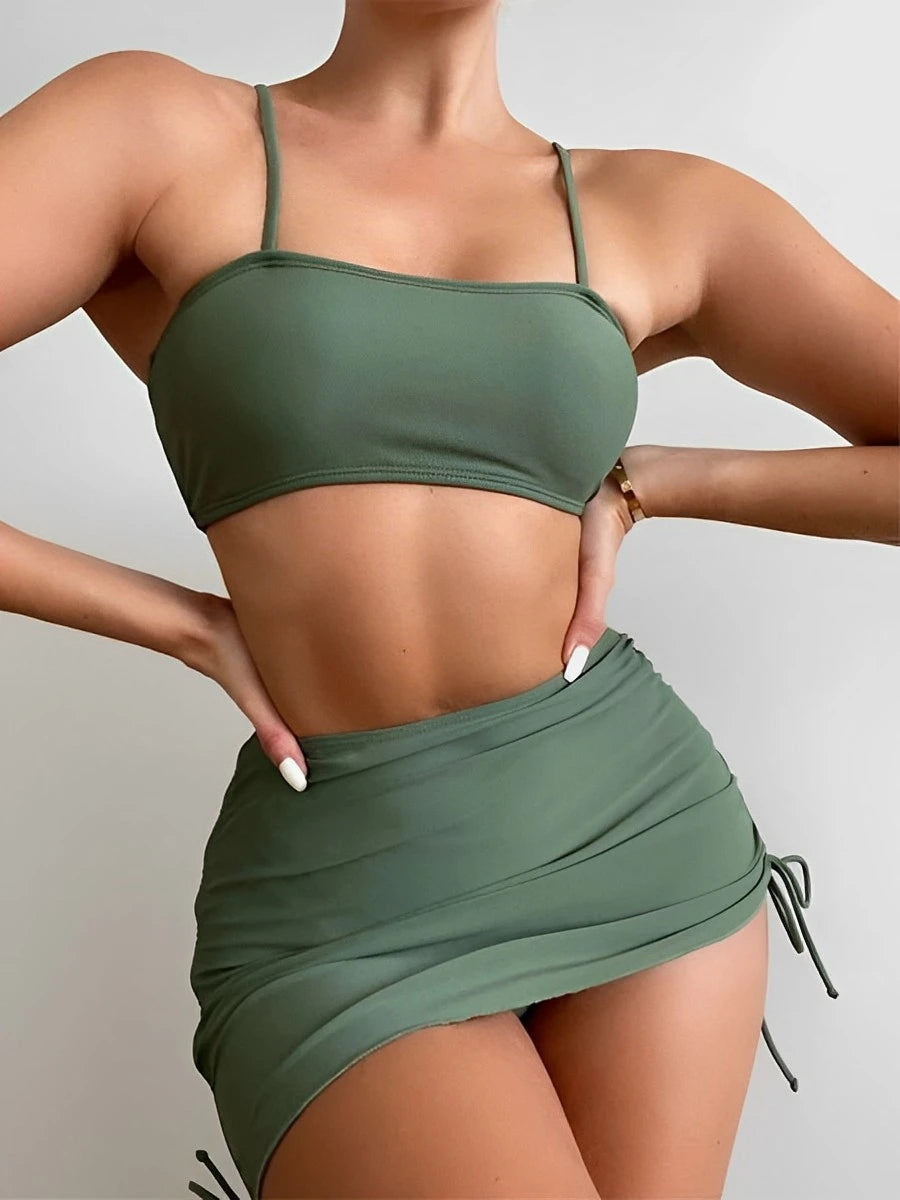 Sexy 3 Pcs Padded Bikini Swimsuit & Drawstring Coverup Skirt Set