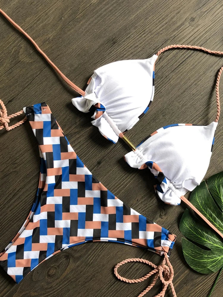Sexy Print Knotted Rope Side Women's String Bikini Swimsuit