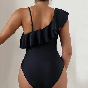 Sexy Mesh Cutout Asymmetrical Ruffle Trim Women's Monokini Swimsuit