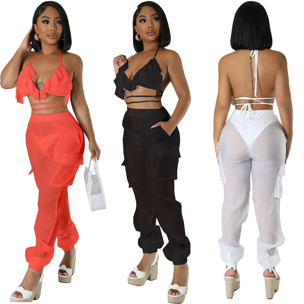 Sexy Casual 3 Piece Sheer Streetwear Bikini and Cargo Pants Set