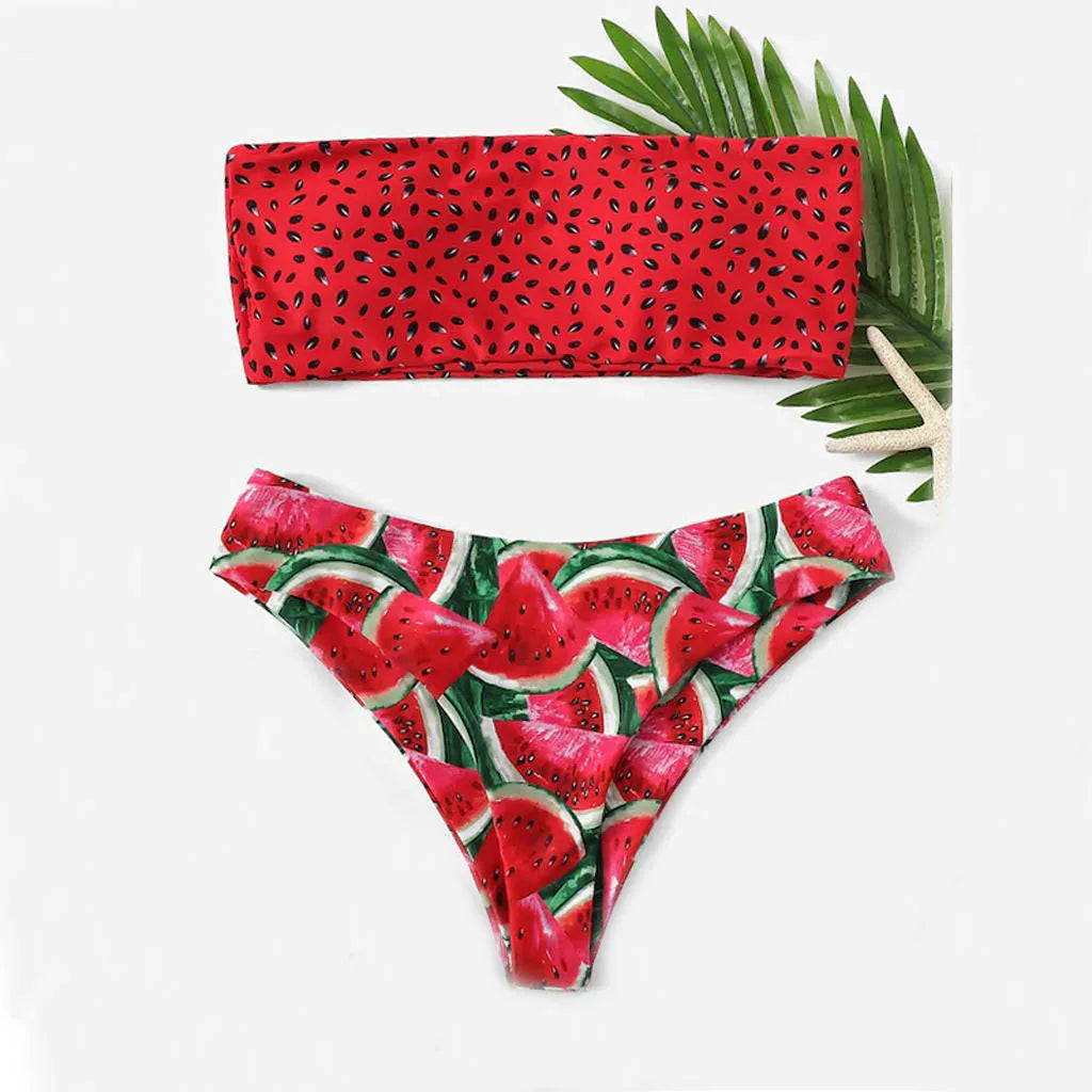 Cute Watermelon Print Strapless Top & High Cut Bikini Women's Swimsuit