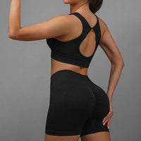 Sexy 2 Pcs Open Back Crop Top  & High Waist Lifting Shots Women's Yoga Set