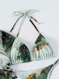 Sexy Green Marble Print 4 Pcs Halter Bikini, Coverup Crop Top & Skirt Set