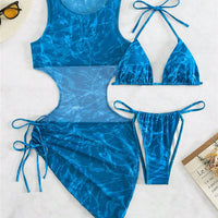 Sexy 3 Pcs Print Bikini and Cutout Coverup Mini Dress Beach Set