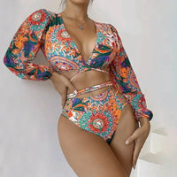Sexy Vintage Pattern Long Sleep Wrap Top & Bikini Women's Swimsuit