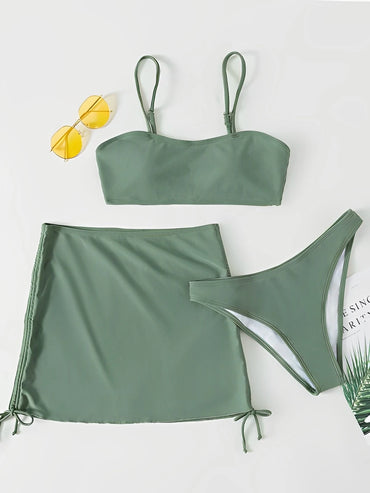 Sexy 3 Pcs Padded Bikini Swimsuit & Drawstring Coverup Skirt Set