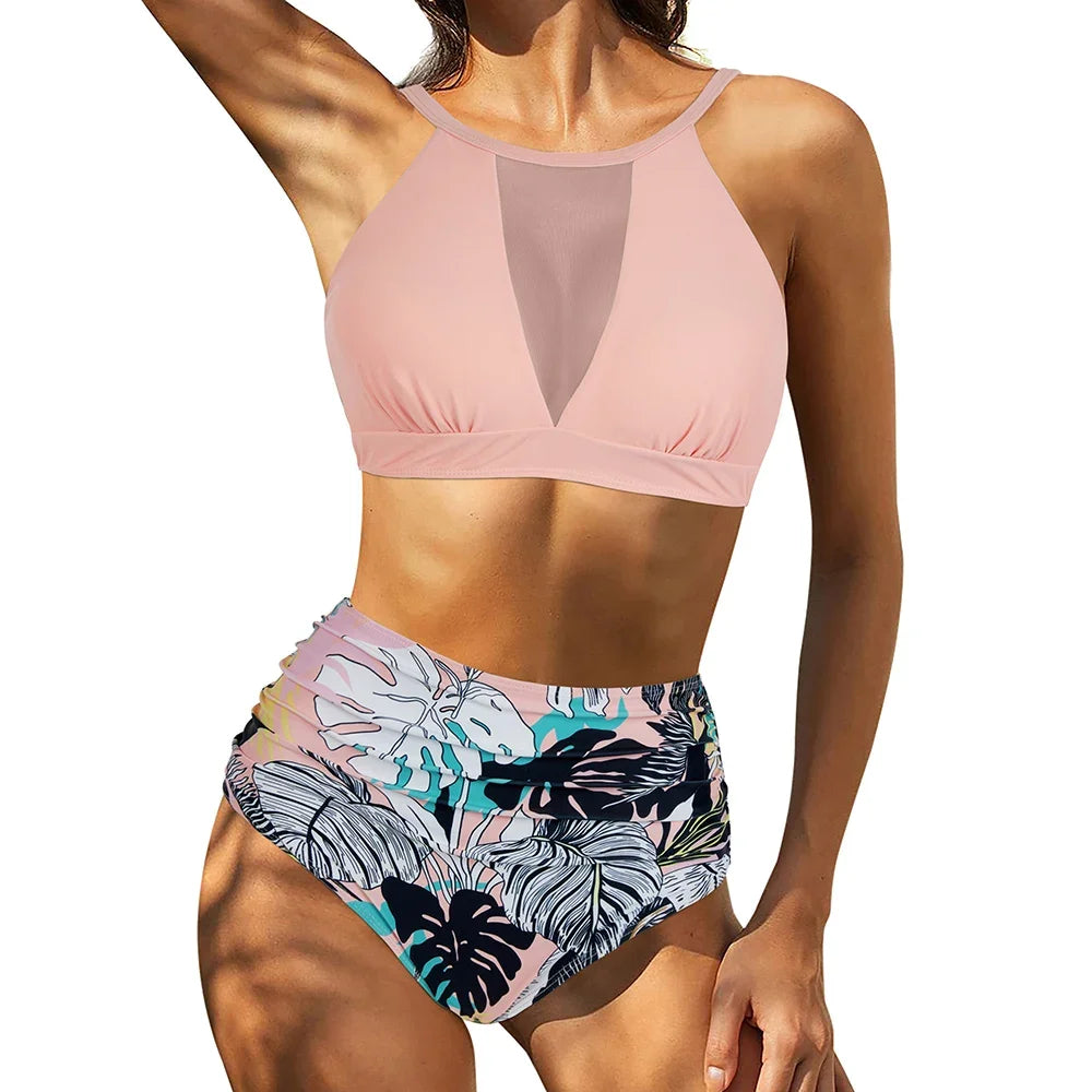 Sexy Mesh Hollow Out Top & High Waist Bikini Women's Swimsuit