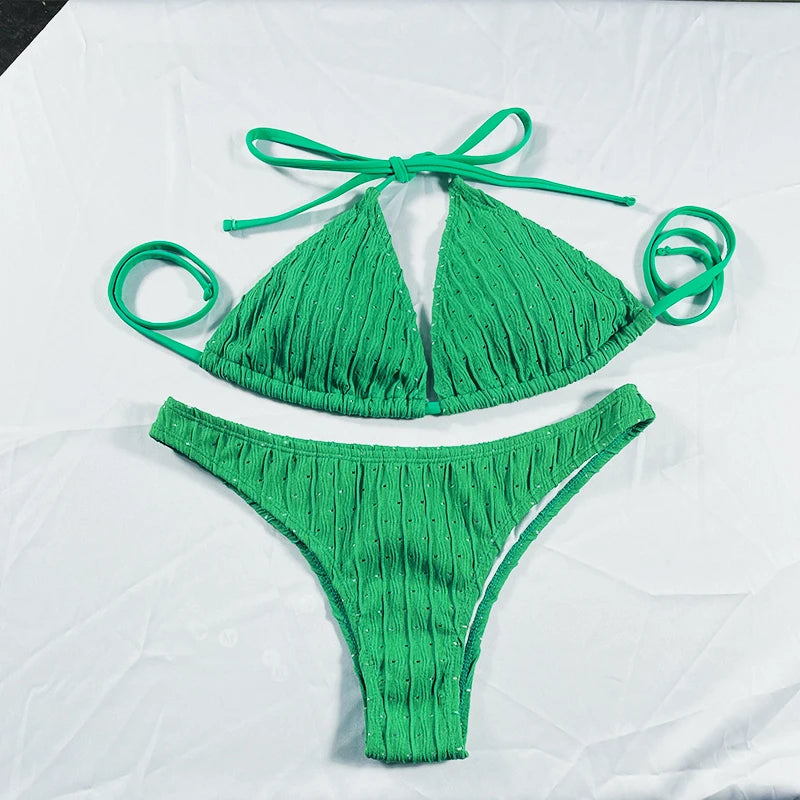 Sexy Jacquard Textured Drawstring Women's Bikini Swimsuit