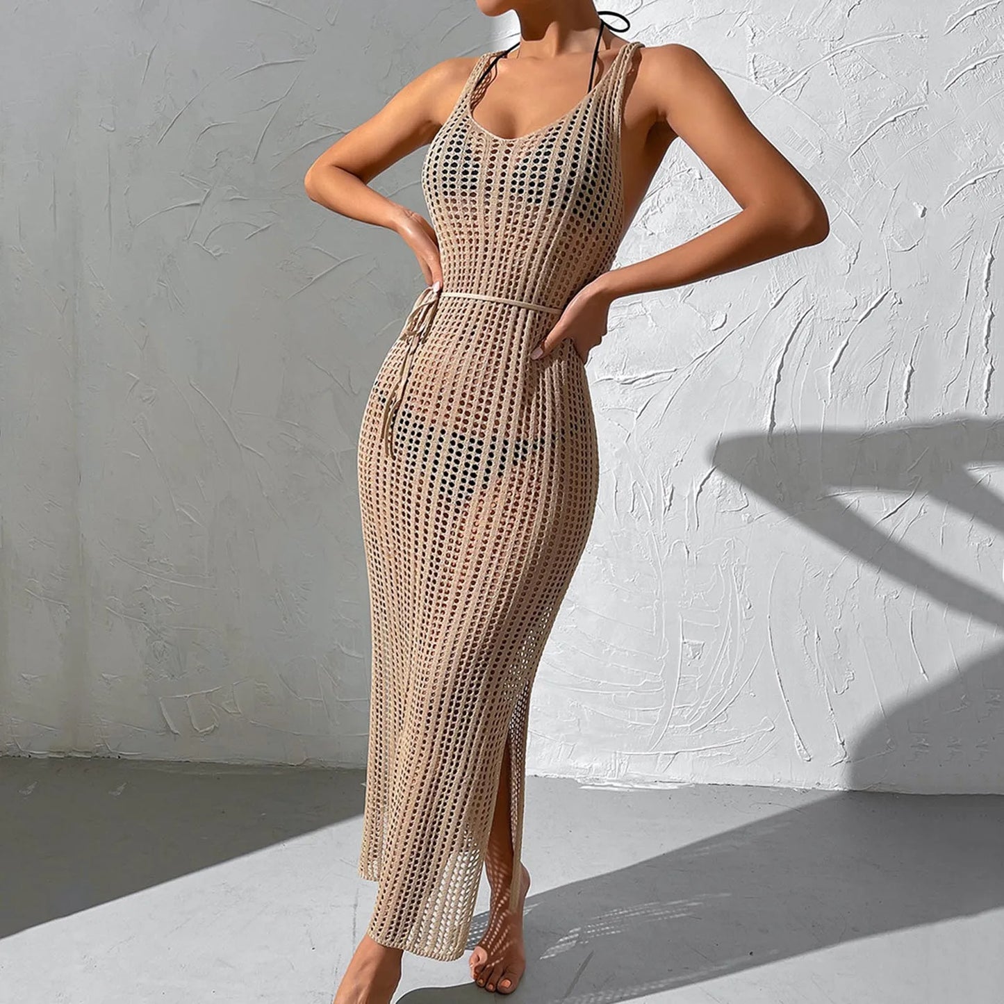 Classic Sexy Solid Belted Side Slit Swim Coverup Dress