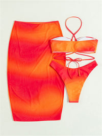 Orchid - Sexy Orange Gradient 3 Piece Halter Push Up Bikini & Mesh Skirt Swim Set