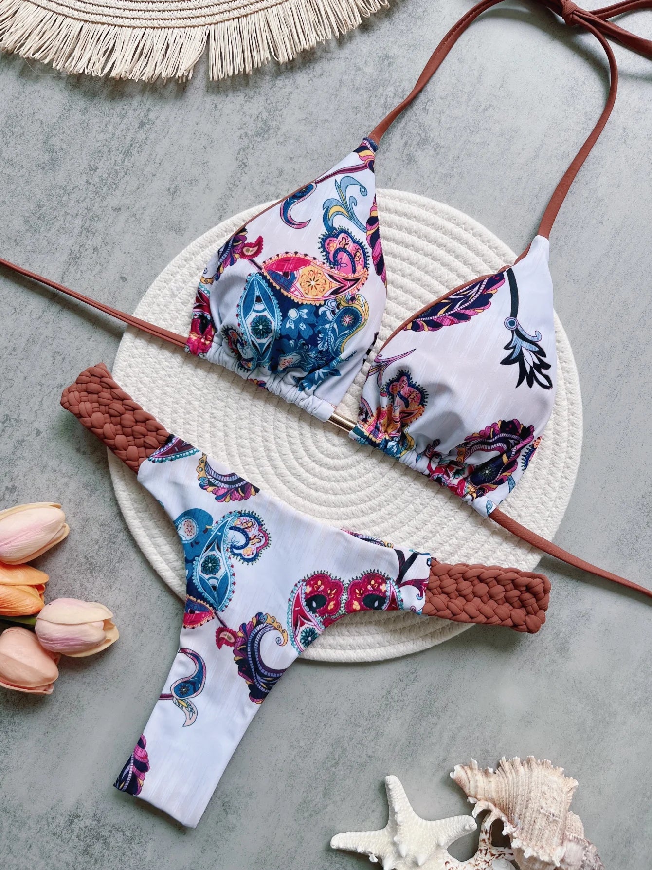 Sexy Print Halter Top & Braided Side Women's Bikini Swimsuit