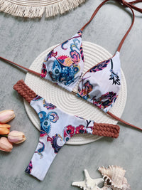 Sexy Print Halter Top & Braided Side Women's Bikini Swimsuit