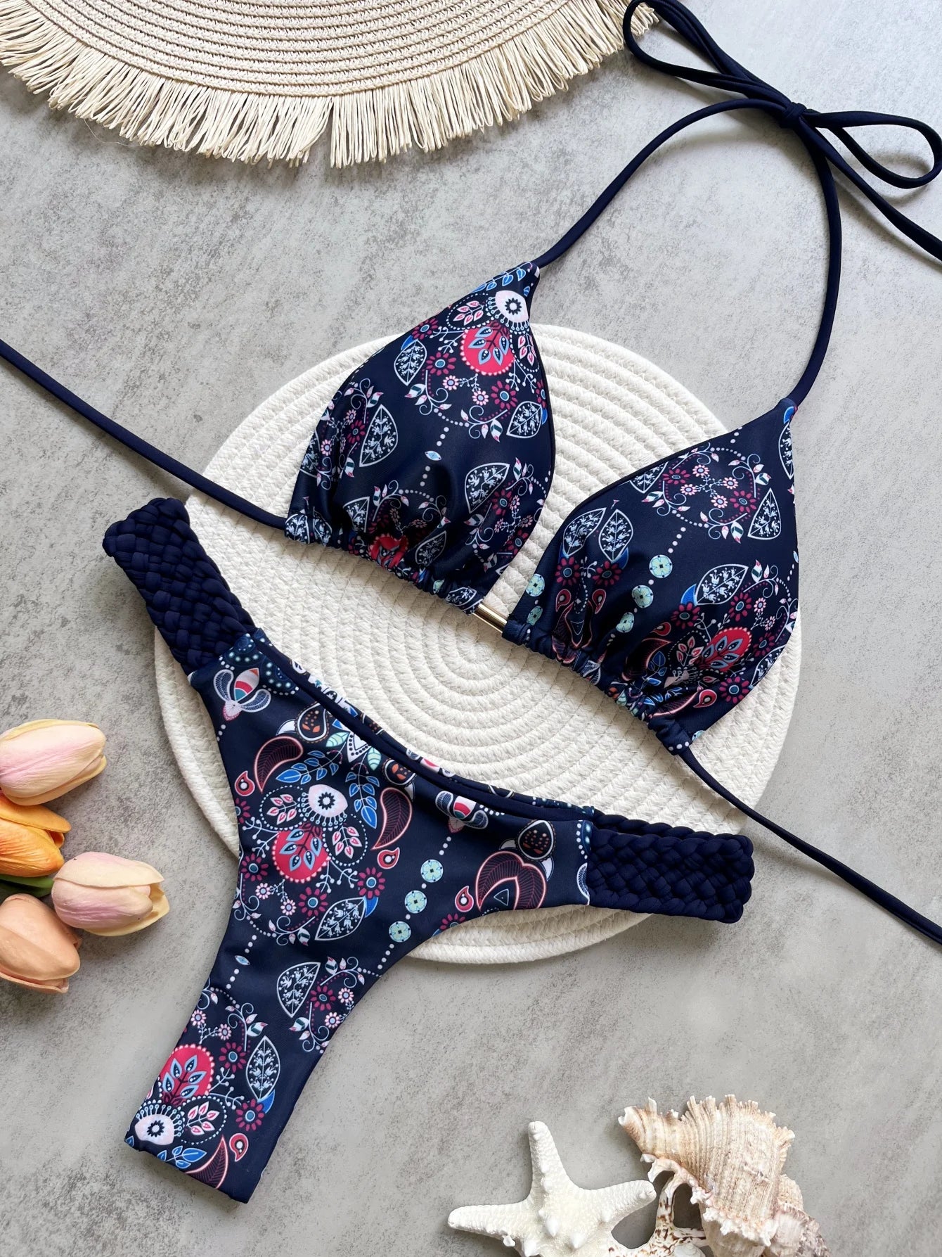 Sexy Print Halter Top & Braided Side Women's Bikini Swimsuit