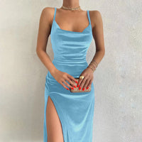 Elegant Droop Neckline Slimming Velvet High Side Slits Midi Dress
