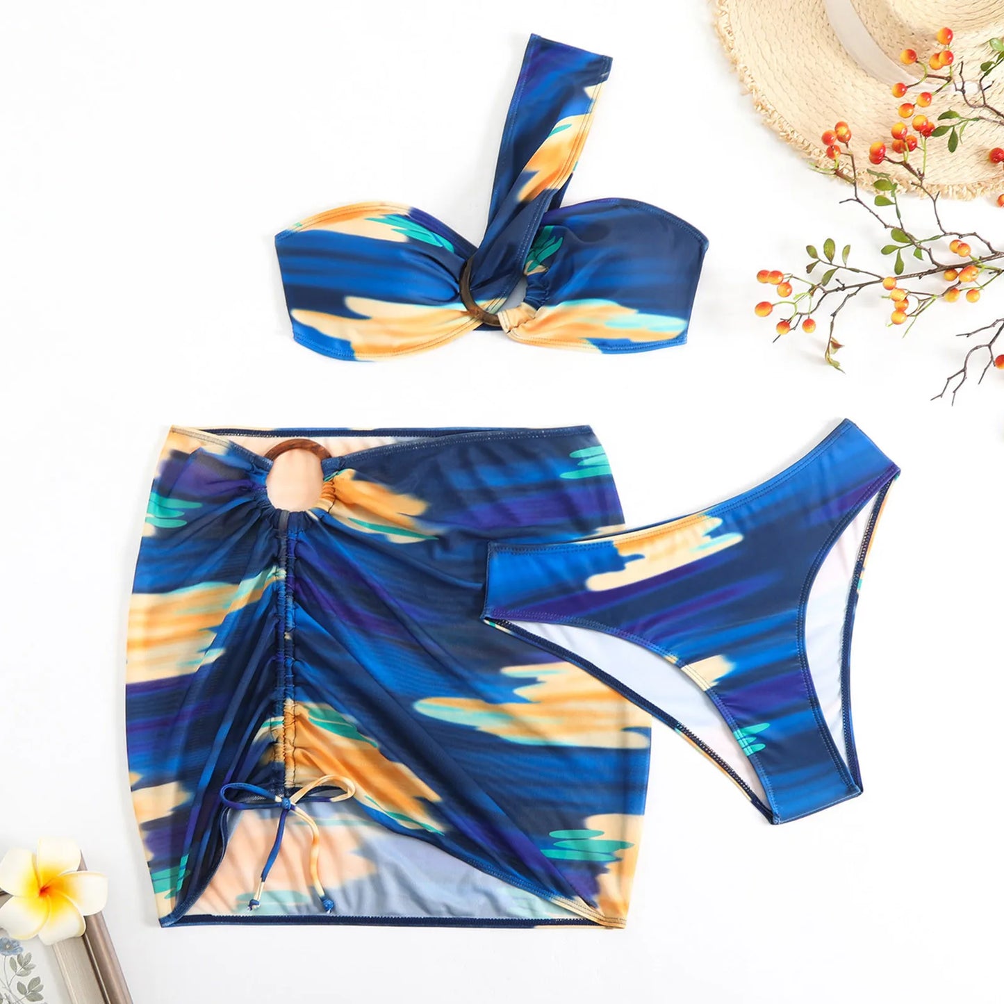 Sexy Print 3 Pcs One Shoulder Top and Drawstring Skirt Bikini Set