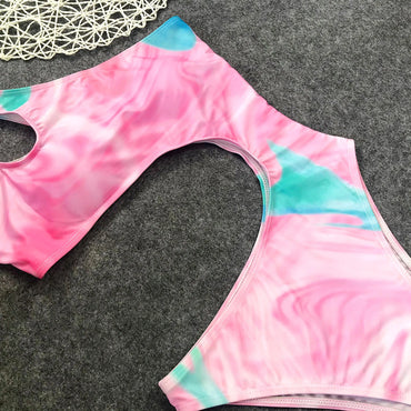 Sexy Multicolor Hollow Out One Shoulder Monokini Swimsuit