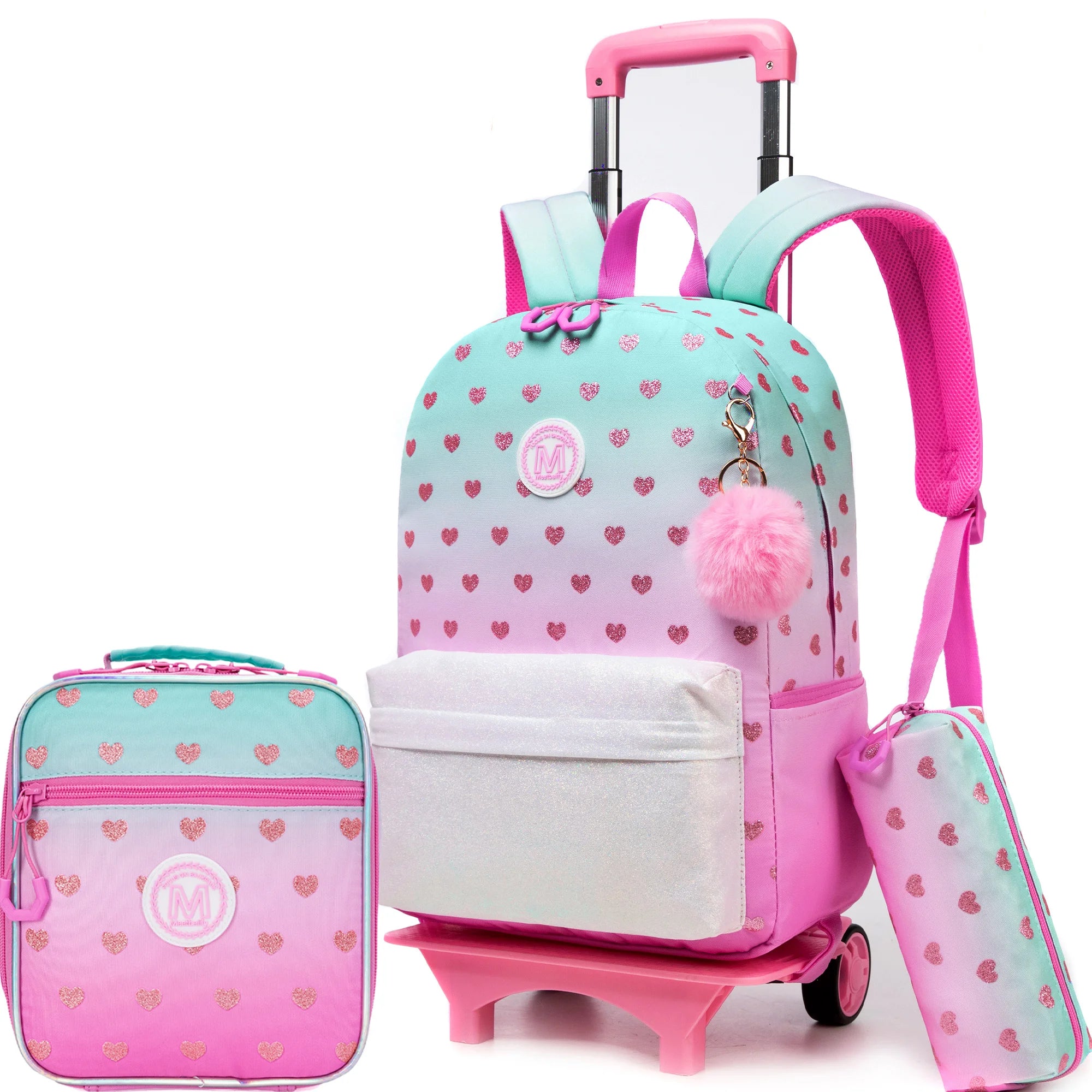 Cute 3PCS Rolling Backpack For Girls - Ribbon Bow Girls Trolley Backpack