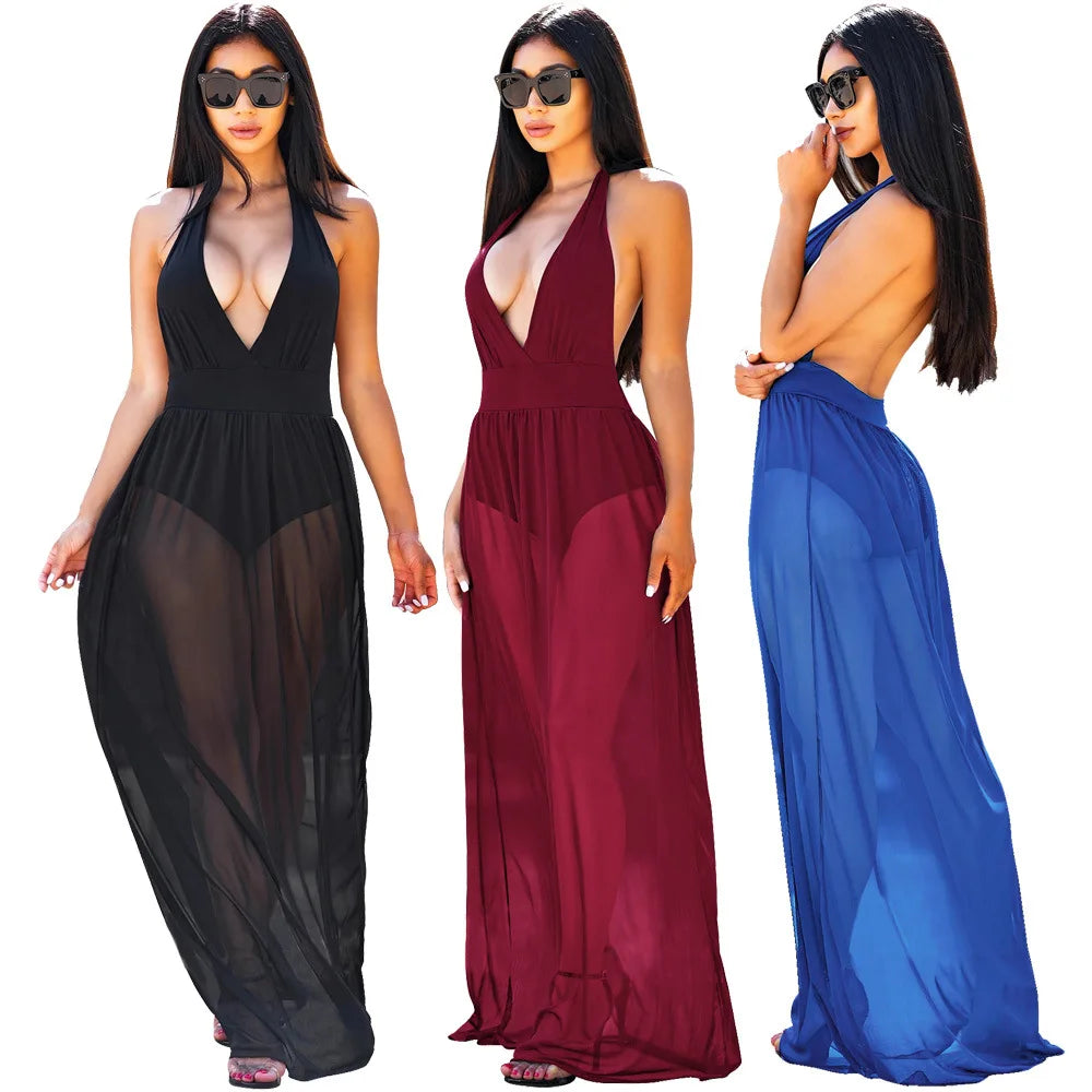 New Fashion Mesh Splicing Deep V Neck Backless Swim Coverup Dresses