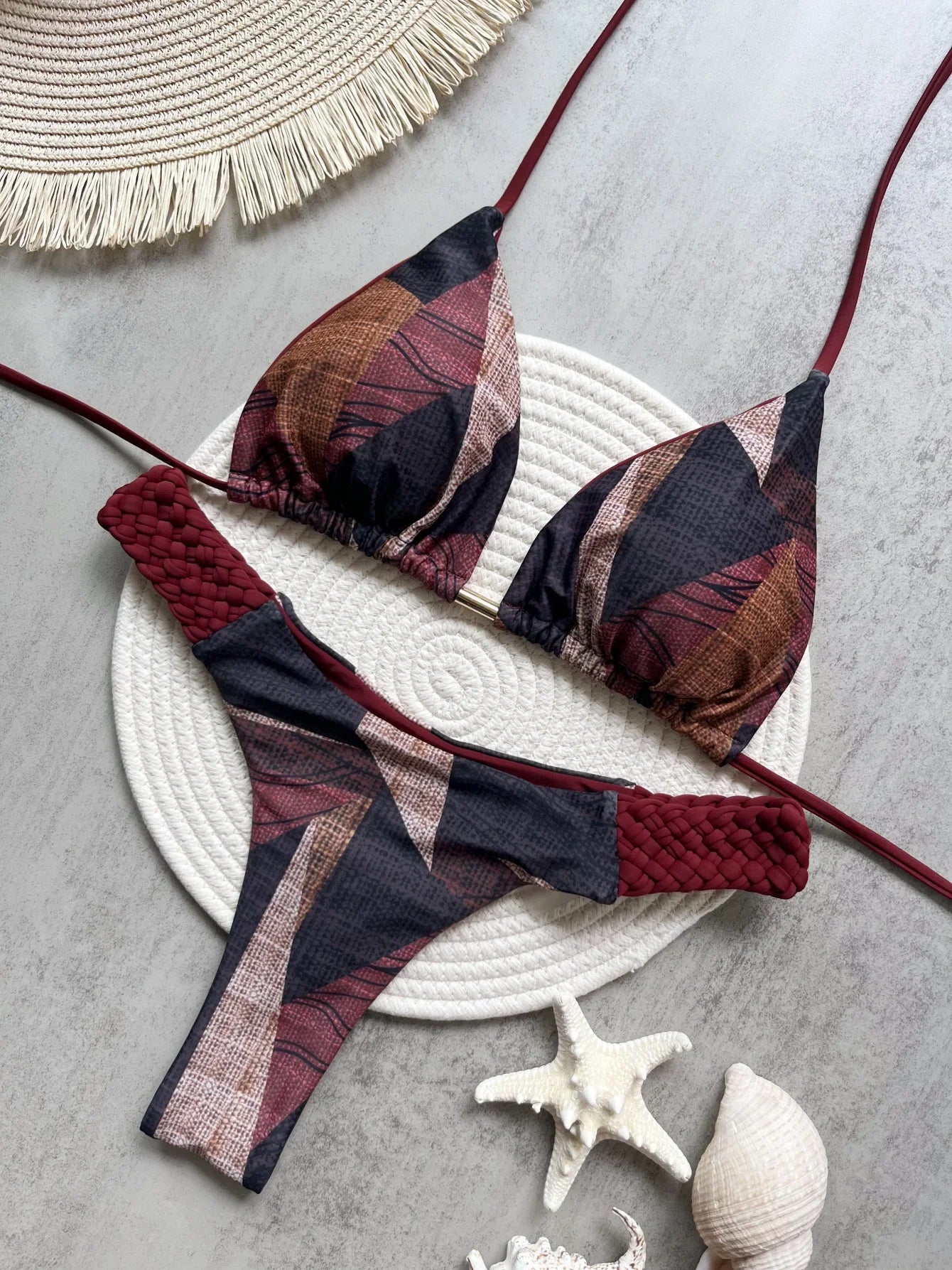 Sexy Print Halter Top & Braided Side Women's Bikini Swimsuit