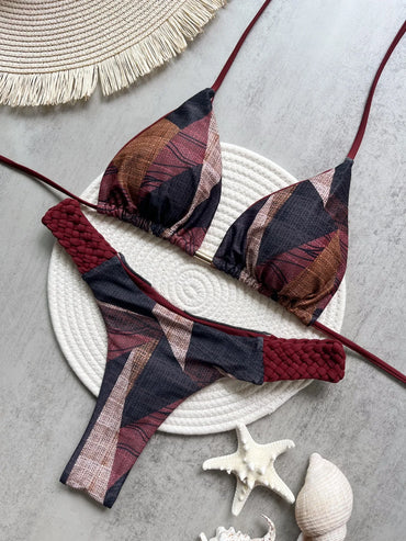 Sexy Print Halter Top & Braided Side Women's Bikini Swimsuit