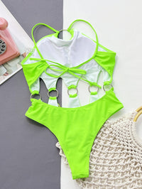 Kizzie - New Neon Green Hollow Out Ring Designer Monokini Swimsuit