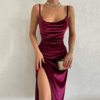 Elegant Droop Neckline Slimming Velvet High Side Slits Midi Dress