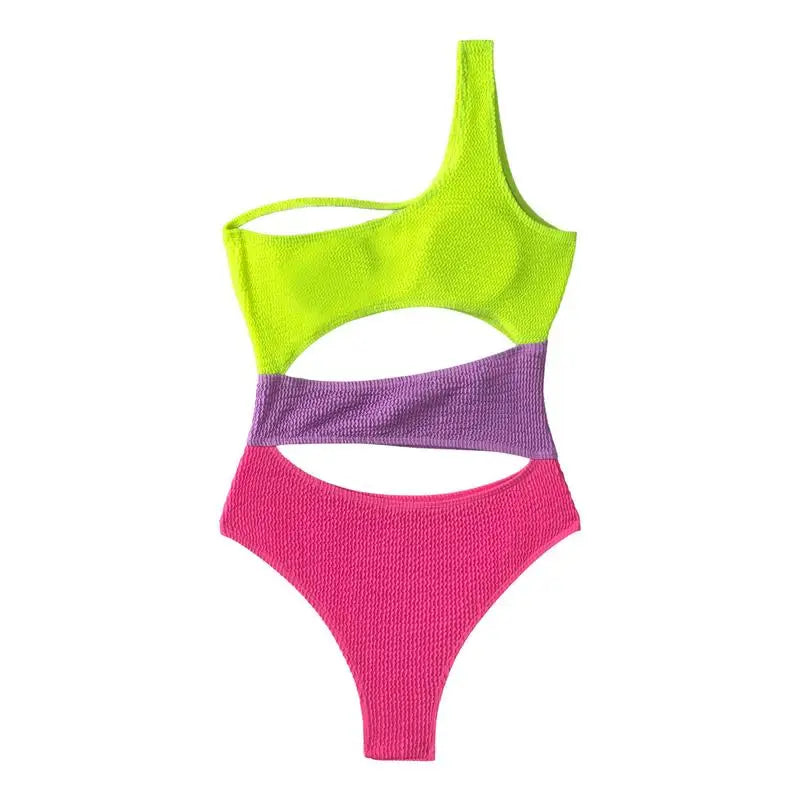 Sexy Neon One Shoulder Asymmetric Cutout Monokini Swimsuit