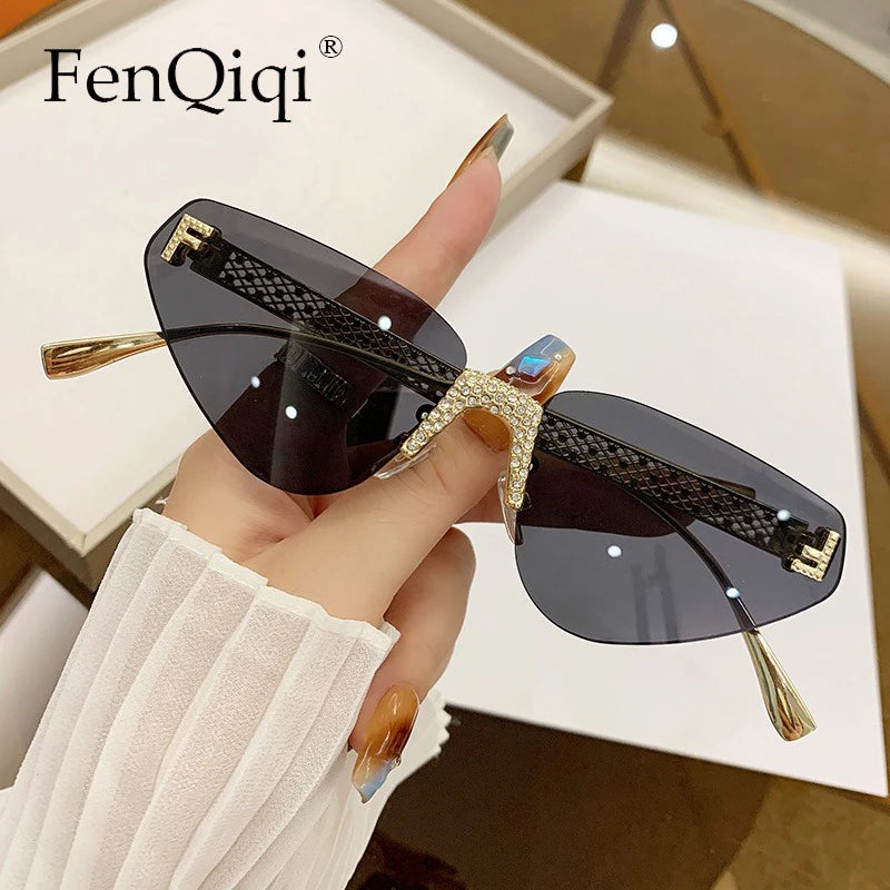 Beautiful Rimless Hollow Triangle Cat Eye F Accent UV400 Unisex Sunglasses