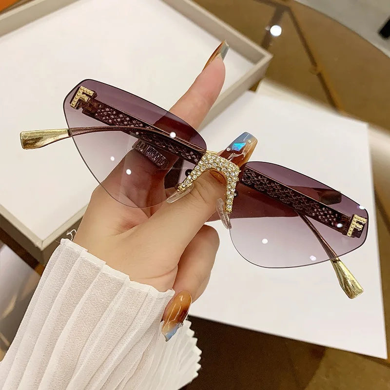 Beautiful Rimless Hollow Triangle Cat Eye F Accent UV400 Unisex Sunglasses