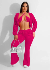 Sexy Solid Velvet 3 Piece Diamond Heart Bra, Long Sleeve Hooded Sweatshirt & Flare Pants Tracksuits