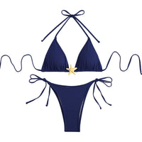 Sexy Halter Solid Color Star Accent Women's String Bikini Swimsuit