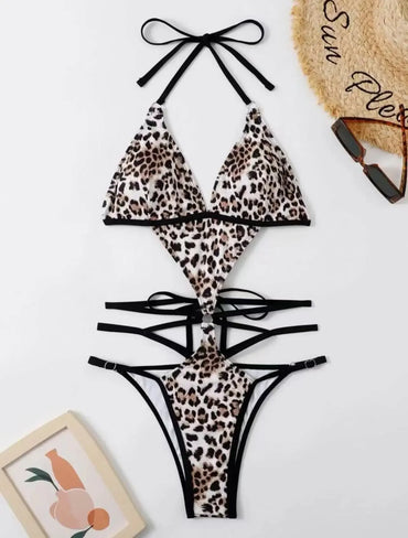 Sexy Black Leopard Print Cut Out Monokini Swimsuit