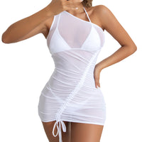 Sexy Sheer Mesh One Shoulder Drawstring Cover-Up Beach Dress