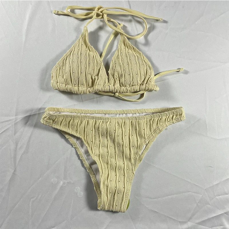 Sexy Jacquard Textured Drawstring Women's Bikini Swimsuit