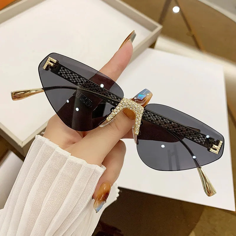 Beautiful Rimless Hollow Triangle Cat Eye F Accent UV400 Unisex Sunglasses