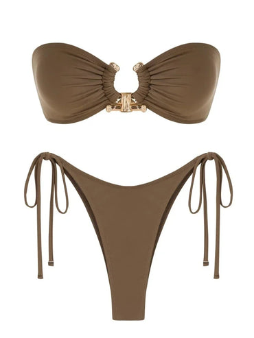 Sexy Strapless Gold Ring Accent Women's String Bikini Swimsuit
