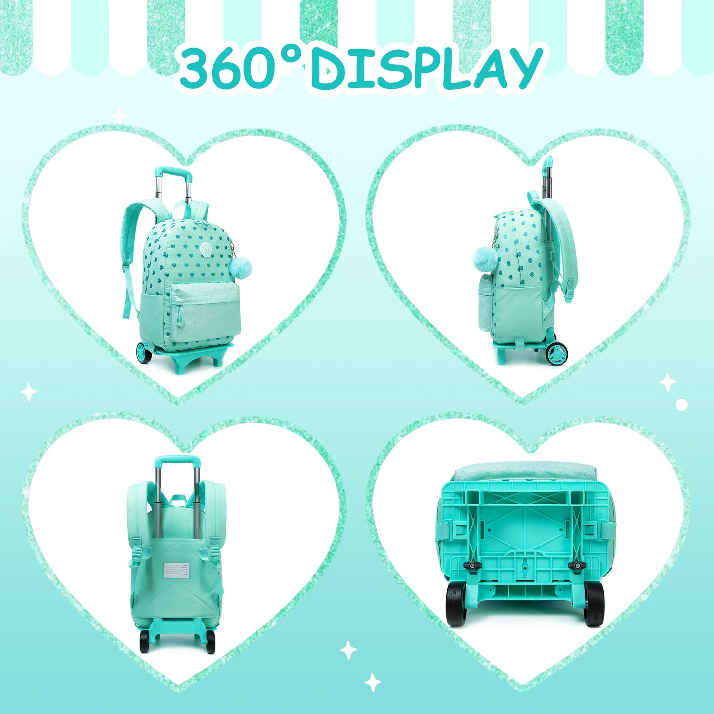 Cute 3PCS Rolling Backpack For Girls - Ribbon Bow Girls Trolley Backpack