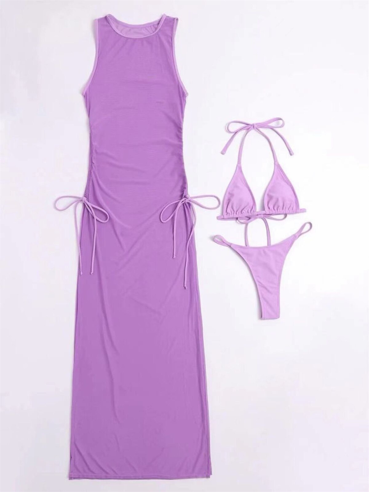 Sexy 3 Piece Sleeveless Mesh Cover Up Dress & Bikini Swim Set