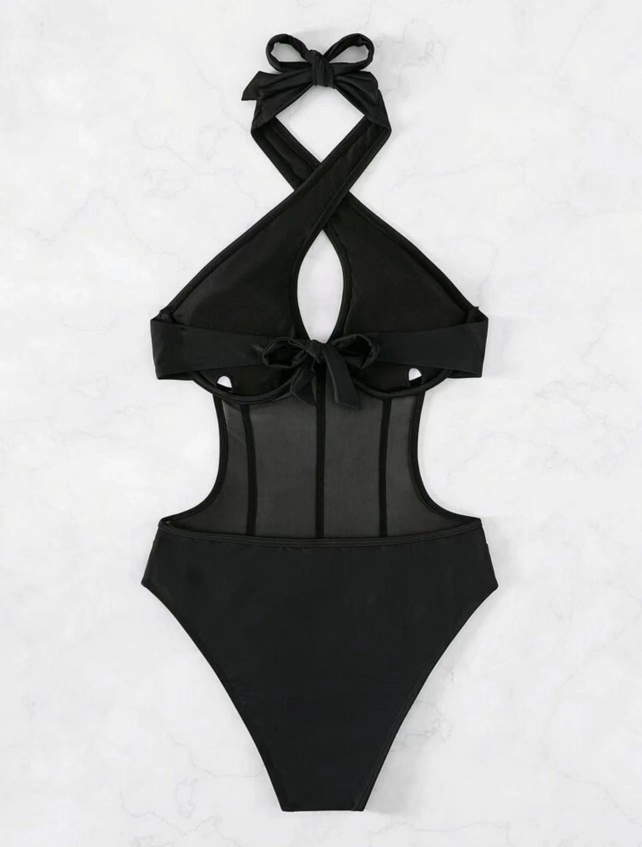 Monat - Sexy Mesh Cross Halter Monokini Swimsuit