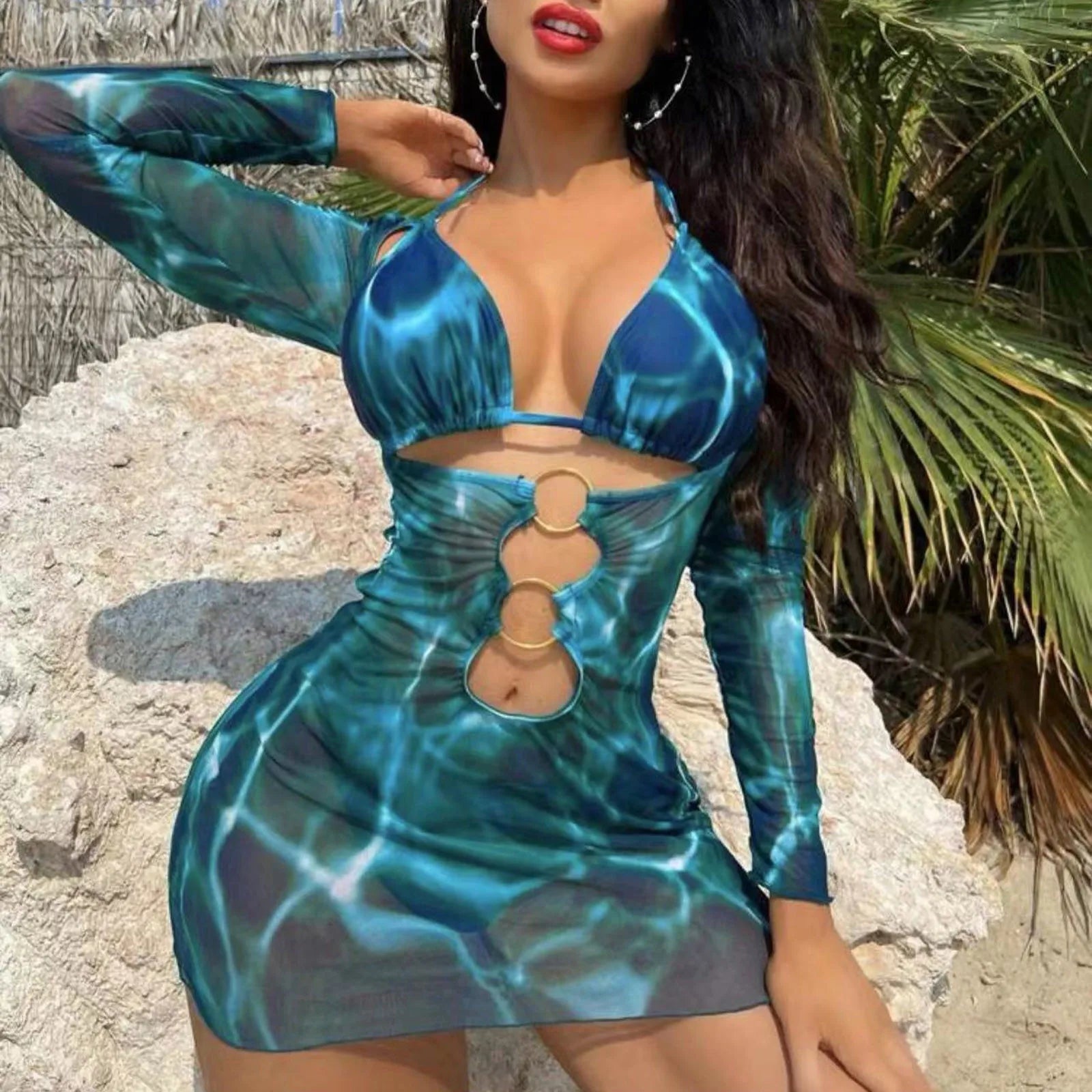 Sexy Print Hollow Out Women's 3 Pcs Cover Dress & Bikini Set