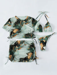 Sexy Green Marble Print 4 Pcs Halter Bikini, Coverup Crop Top & Skirt Set