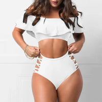 Sexy Off Shoulder Ruffled Bandage Top & High Waisted Bikini Swimsuit