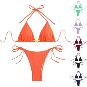 Sexy Halter Solid Color Star Accent Women's String Bikini Swimsuit