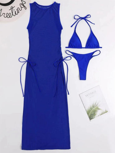 Sexy 3 Piece Sleeveless Mesh Cover Up Dress & Bikini Swim Set